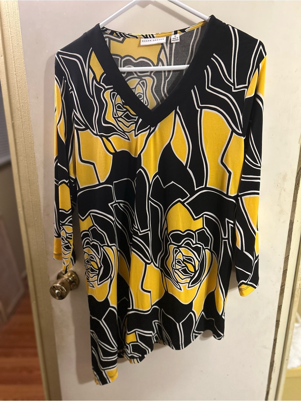 Susan Graver Yellow & Black V-Neck Floral Tunic